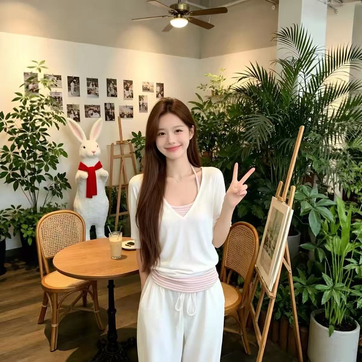 한 부서 반소매 티셔츠 블라우스 스트라이프 캐미솔 세트 여성 여름 투피스 세트 슬림해 보이는 화이트 중간 소매 맨위 상세 이미지 4