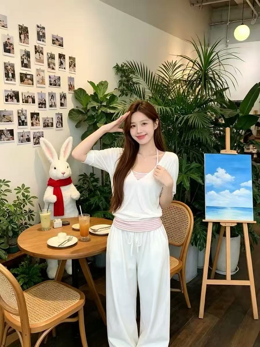 한 부서 반소매 티셔츠 블라우스 스트라이프 캐미솔 세트 여성 여름 투피스 세트 슬림해 보이는 화이트 중간 소매 맨위 이미지 2