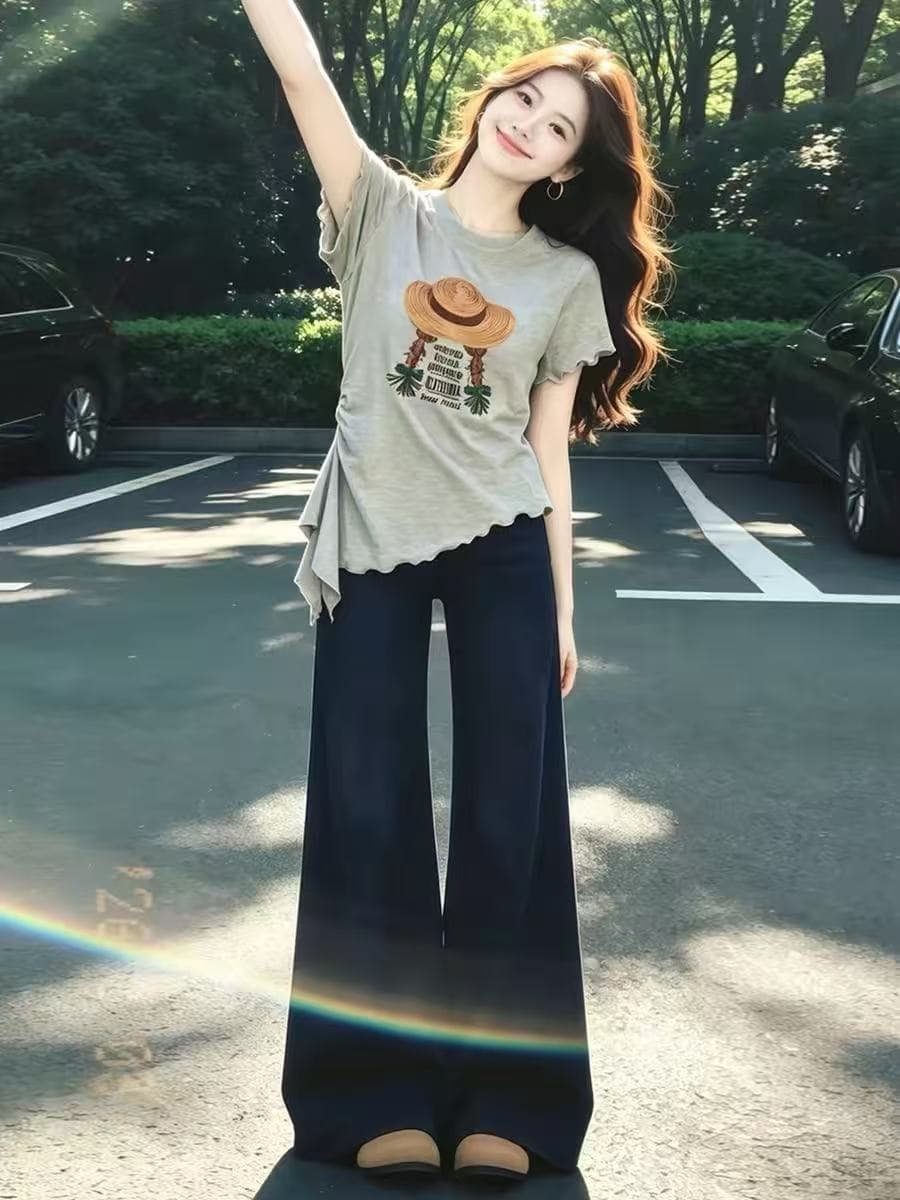 회색 밀짚모자 프린트 꼬집기 허리 프릴 반팔 티셔츠 여성 2026 여름 디자인 센스 작은 대중 아니요 명중 섹션 맨위 이미지 2