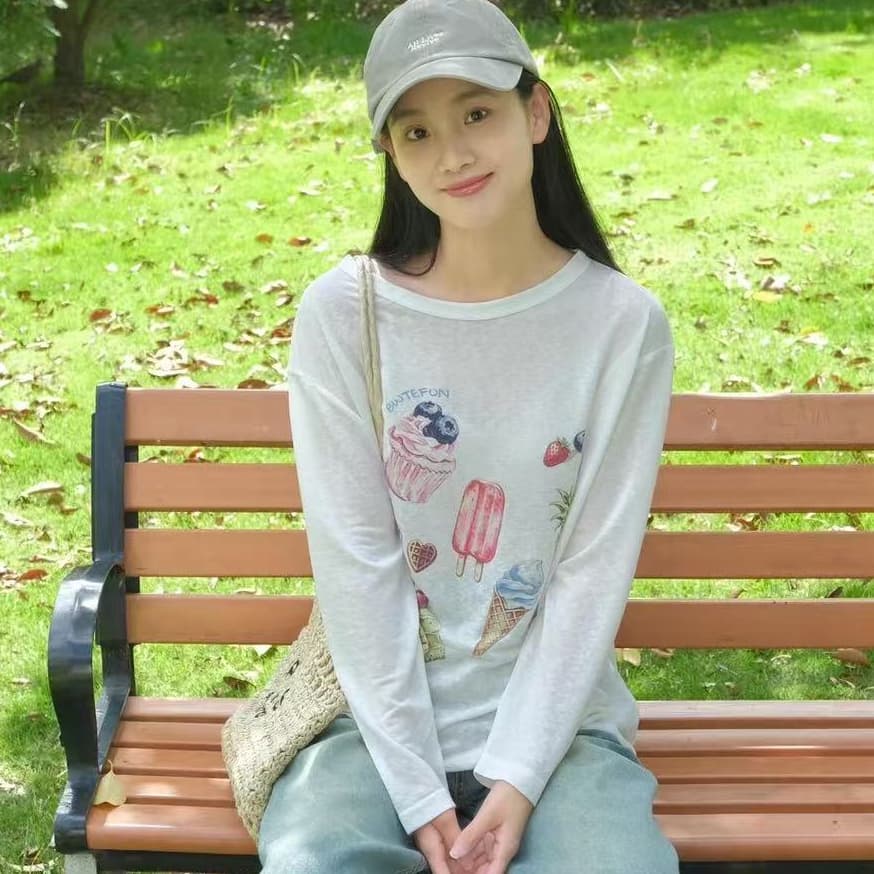 한 부서 재미있는 아이스크림 자외선 차단 블라우스 긴팔 티셔츠 여성 여름 새로운 캐주얼 다용도 루즈핏 맨위