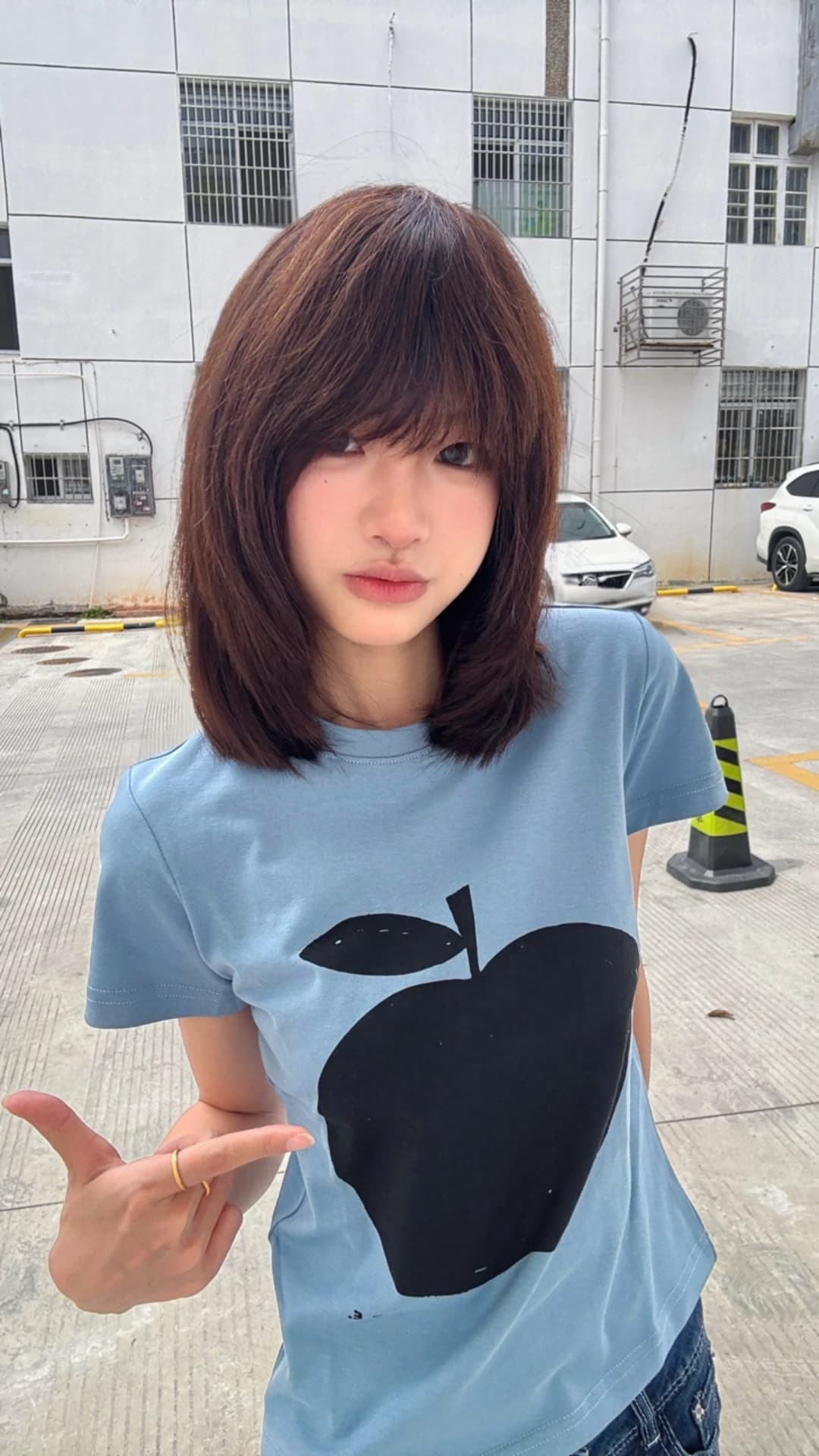 한 부서 산소 소녀 바람 작은 청신 애플 프린트 몸매 가꾸기 긍정적 인 어깨 라운드 넥 반팔 여성 티셔츠 여름 이미지 3
