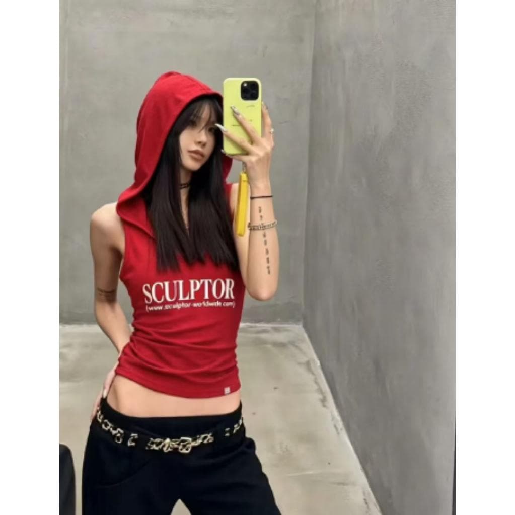 높음 거리 핫걸 알파벳 프린트 후드 민소매 조끼 여성 여름 외출용 몸매 가꾸기 u 칼라 쇄골 허리 수축 Chic 맨위 상세 이미지 2