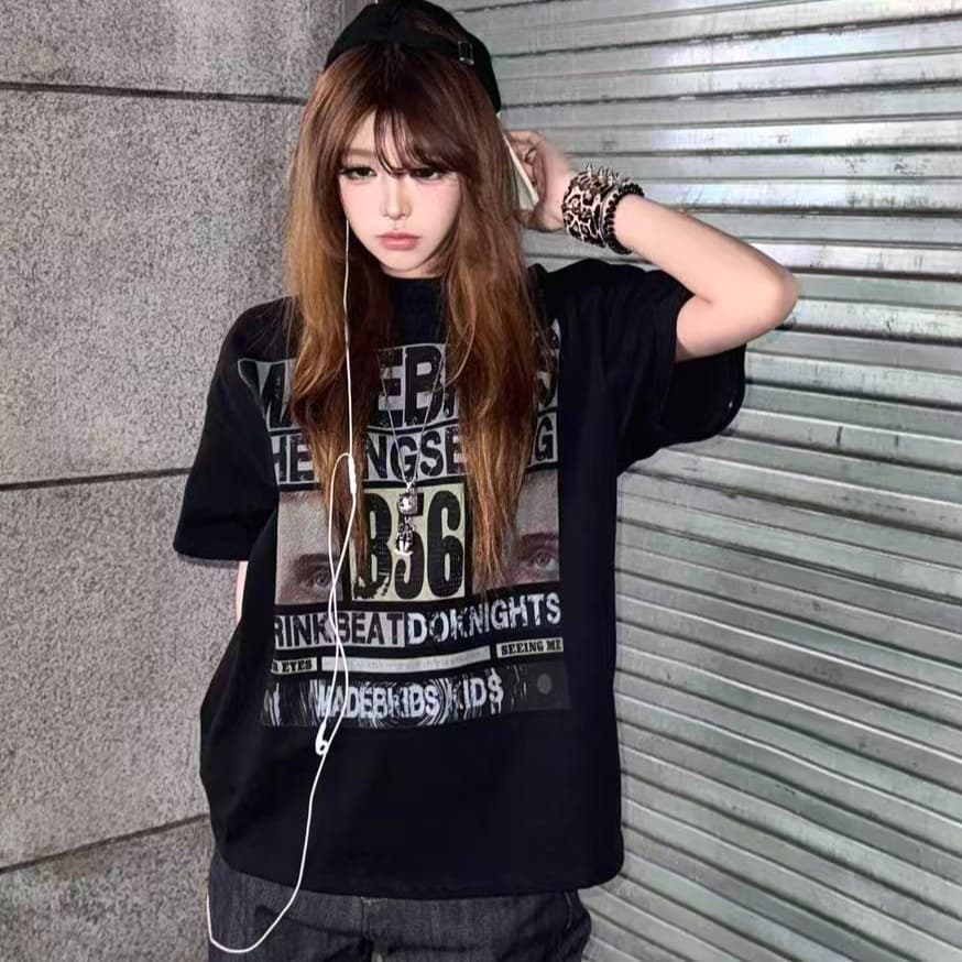 아메리칸 거리 검정색 알파벳 프린트 라운드 넥 루즈핏 반팔 티셔츠 남녀 여름 oversize 커플 맨위 트렌디 이미지 2
