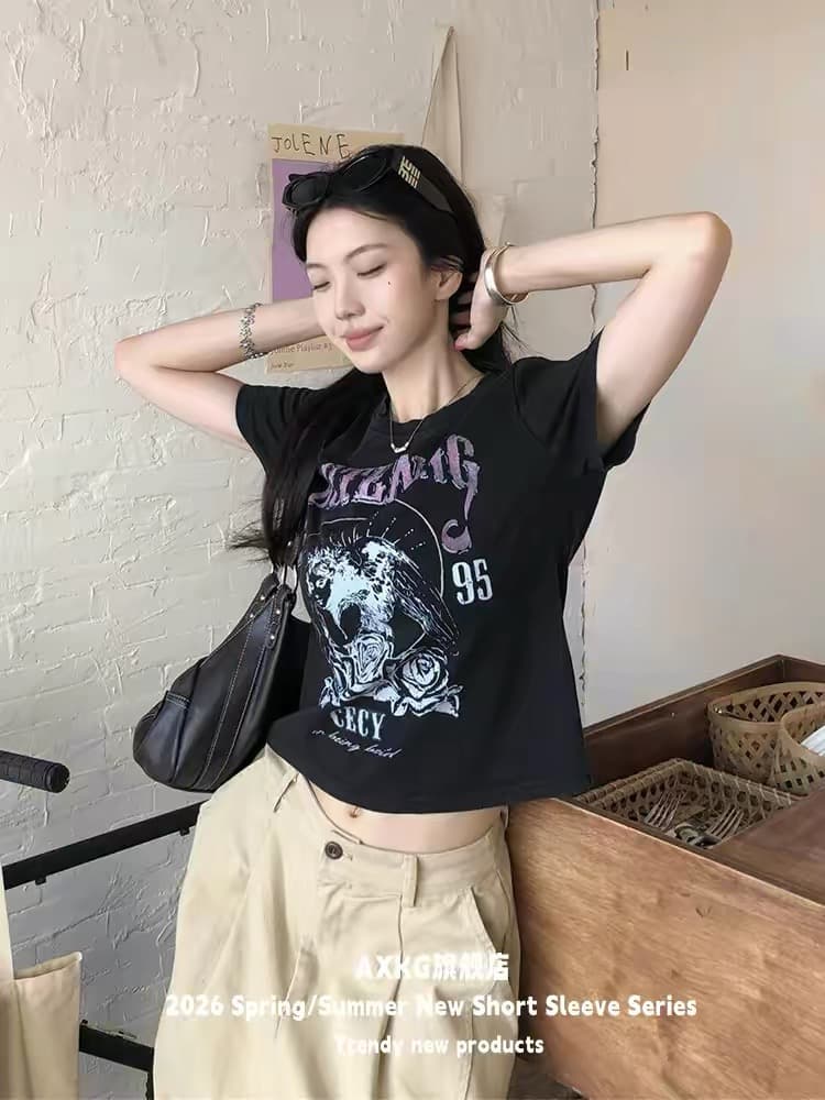 아메리칸 레트로 느긋한 워시 물 반팔 티셔츠 프린트 긍정적 인 어깨 쇼트 스타일 티셔츠 이미지 2