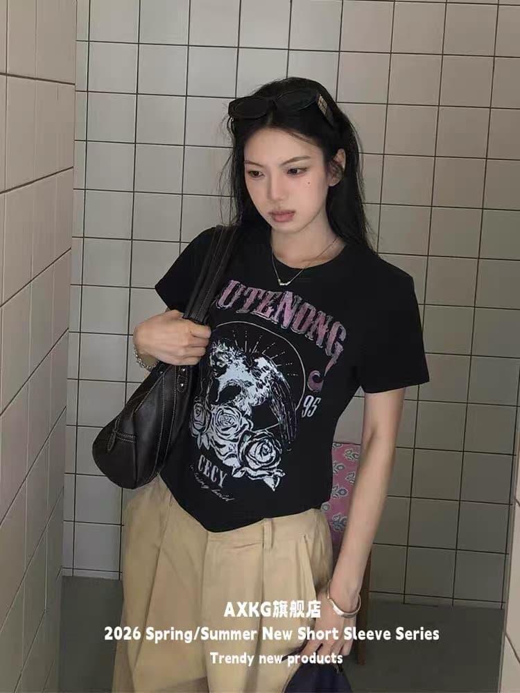 아메리칸 레트로 느긋한 워시 물 반팔 티셔츠 프린트 긍정적 인 어깨 쇼트 스타일 티셔츠 이미지 3