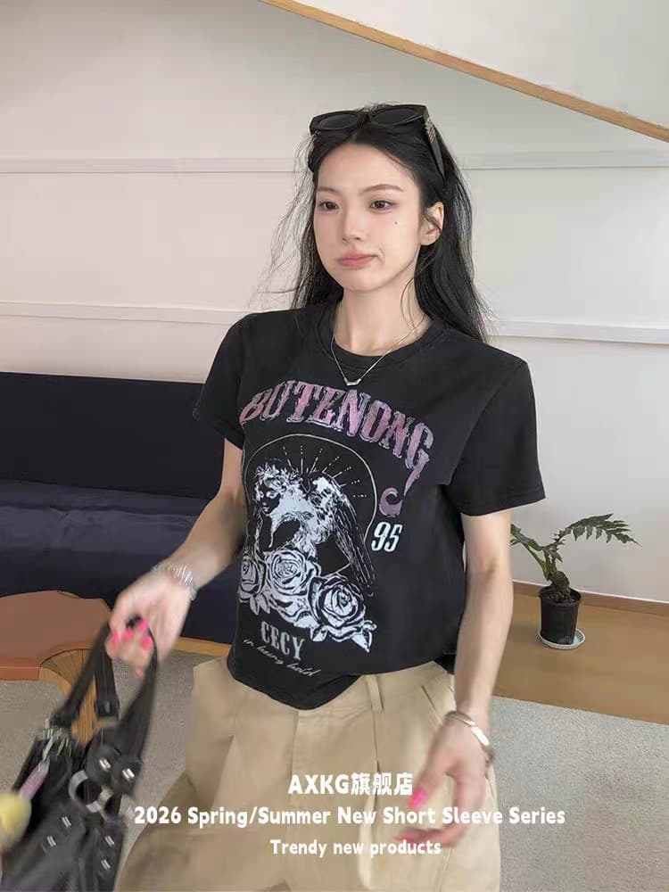 아메리칸 레트로 느긋한 워시 물 반팔 티셔츠 프린트 긍정적 인 어깨 쇼트 스타일 티셔츠 상세 이미지 5