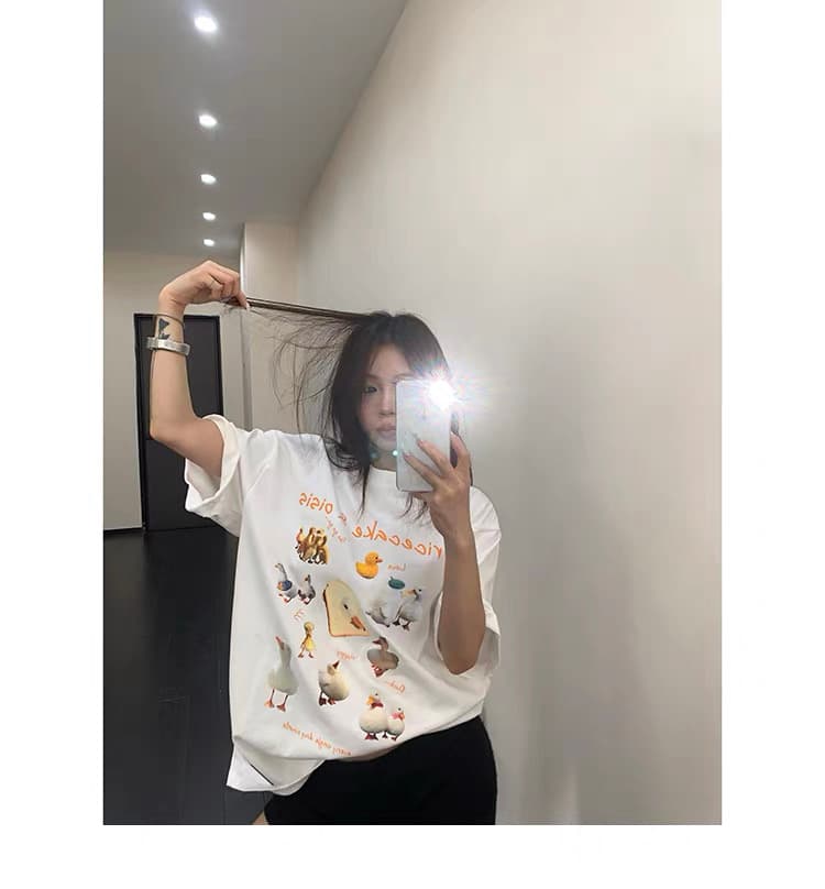 여름 부드러운 멩 만화 오리 오리 프린트 티셔츠 여성 루즈핏 oversize 느슨함 센스 다용도 캐주얼 반팔 이미지 3