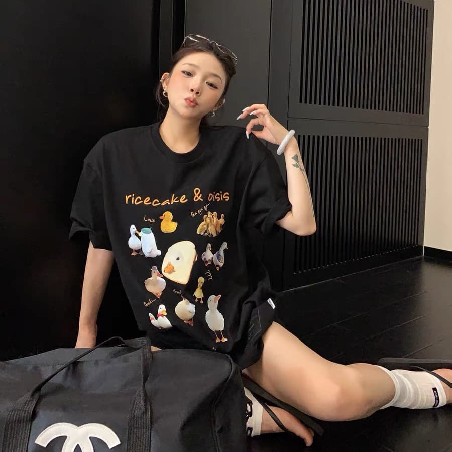 여름 부드러운 멩 만화 오리 오리 프린트 티셔츠 여성 루즈핏 oversize 느슨함 센스 다용도 캐주얼 반팔 이미지 5