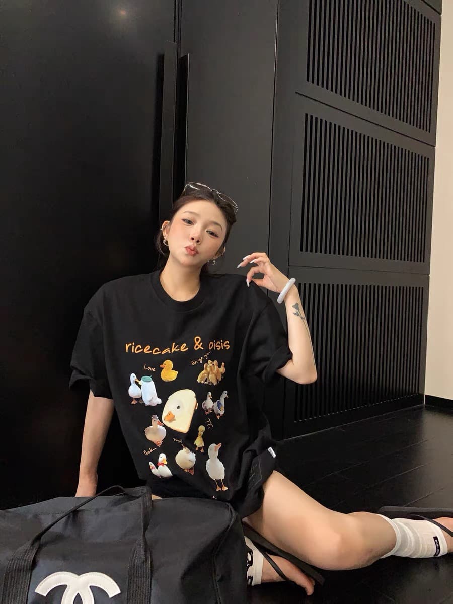 여름 부드러운 멩 만화 오리 오리 프린트 티셔츠 여성 루즈핏 oversize 느슨함 센스 다용도 캐주얼 반팔 상세 이미지 2