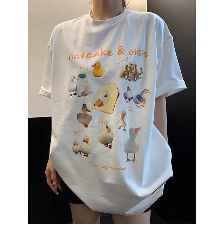 여름 부드러운 멩 만화 오리 오리 프린트 티셔츠 여성 루즈핏 oversize 느슨함 센스 다용도 캐주얼 반팔 상세 이미지 4