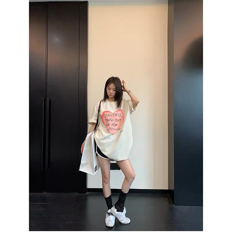 아메리칸 레트로 oversize 마 오래된 프린트 반팔 여성 루즈핏 느긋한 하트 알파벳 티셔츠 트렌디 이미지 2