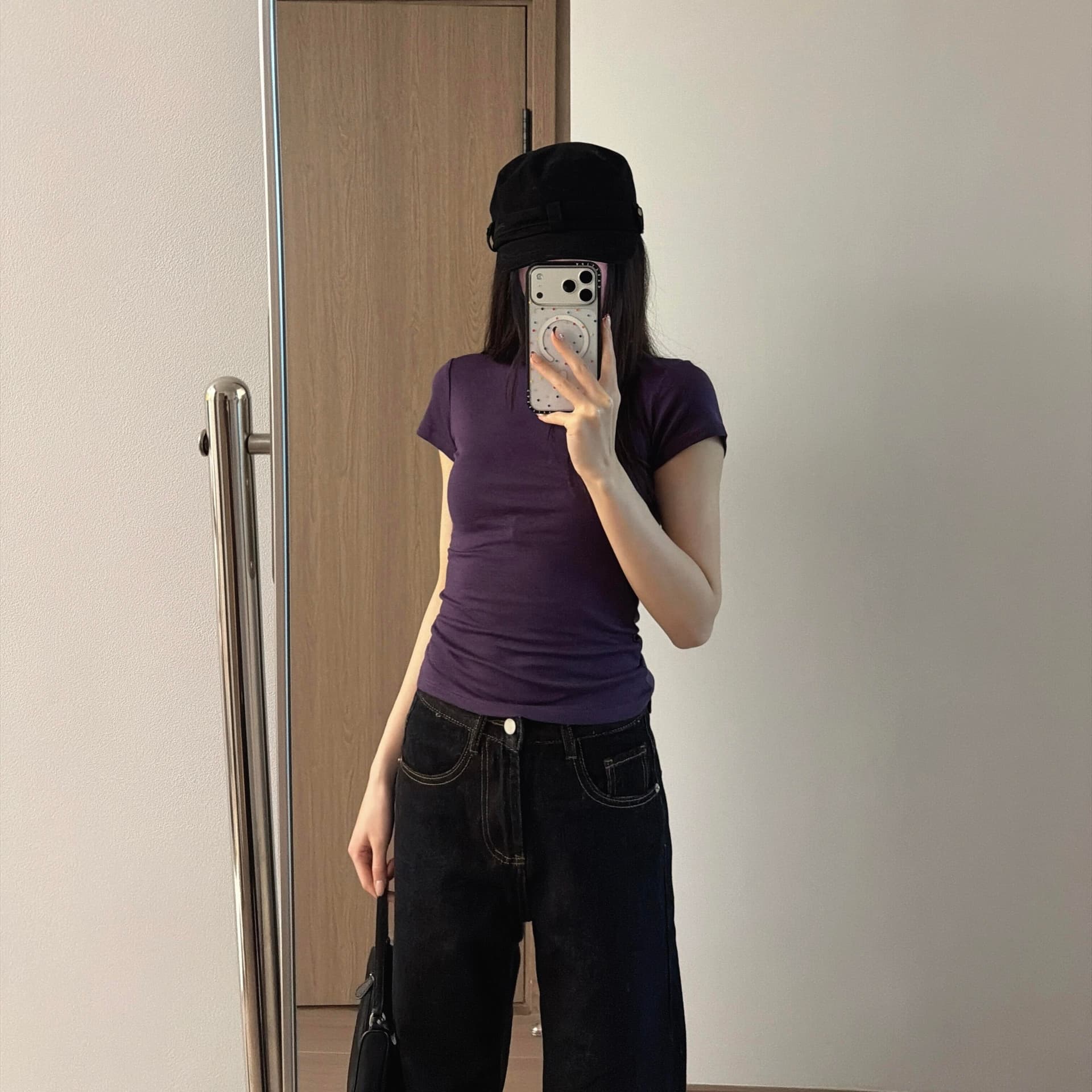 아메리칸 핫걸 바람 단색 절대적으로 절대적으로 보라색 쇼트 스타일 몸매 가꾸기 긍정적 인 어깨 반팔 티셔츠 여성 여름 운동 도파민 맨위 이미지 5