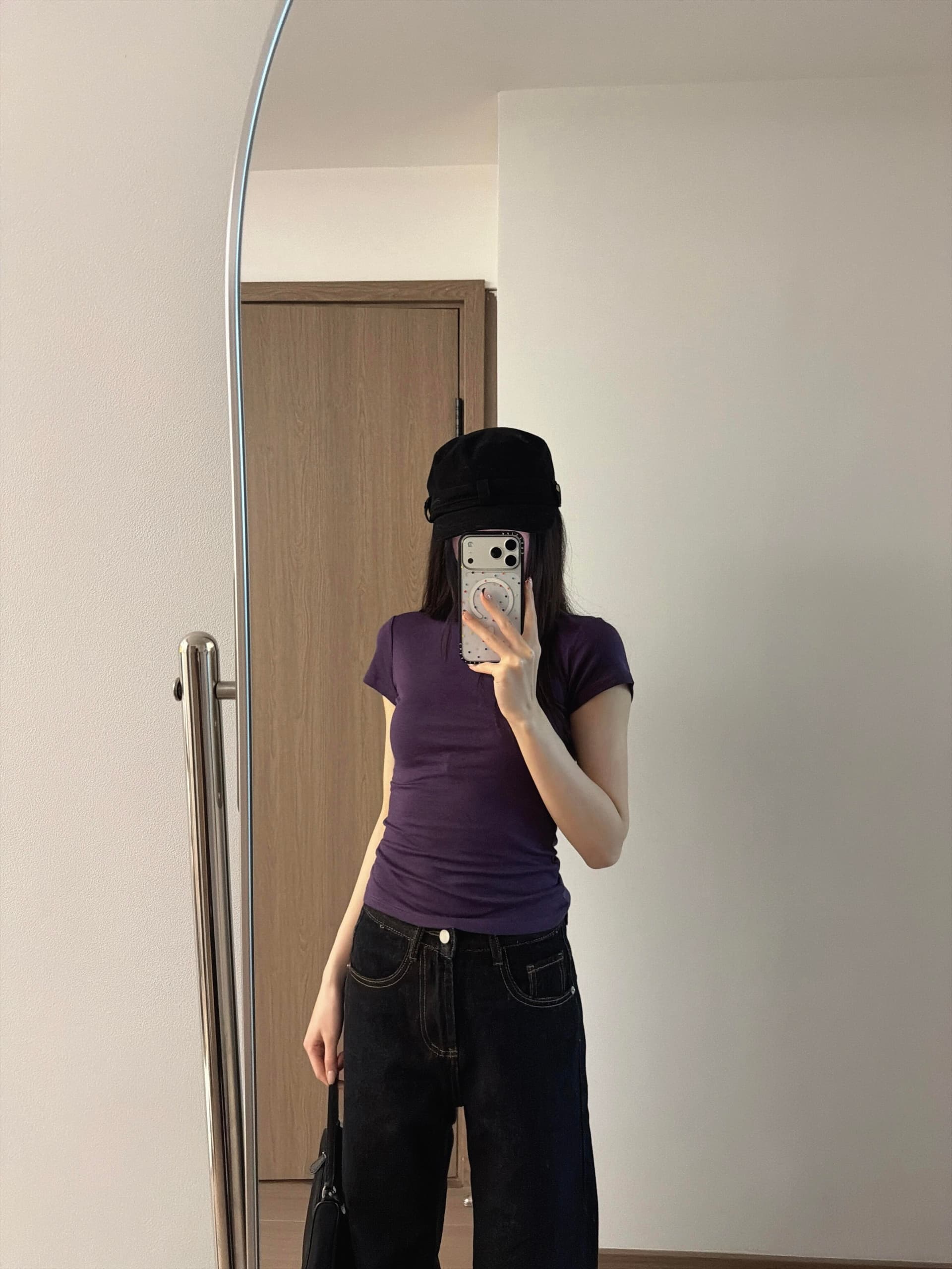 아메리칸 핫걸 바람 단색 절대적으로 절대적으로 보라색 쇼트 스타일 몸매 가꾸기 긍정적 인 어깨 반팔 티셔츠 여성 여름 운동 도파민 맨위 상세 이미지 4