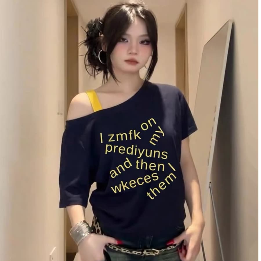 아메리칸 트렌디 차가운 알파벳 프린트 비스듬한 어깨 슬립 반팔 티셔츠 여성 가을 루즈핏 캐주얼 바람 맨위 이미지 2