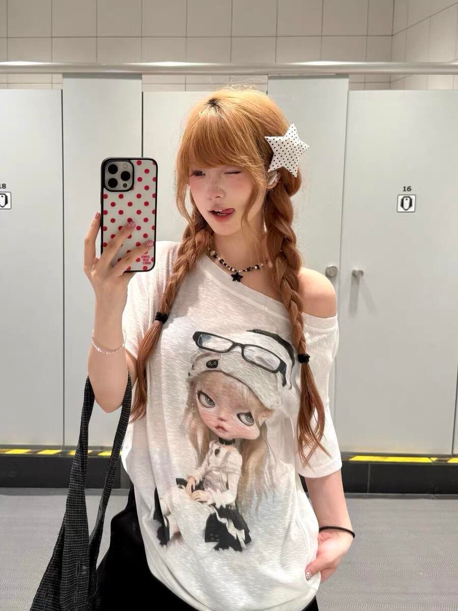 레트로 한 부서 만화 인형 비스듬한 어깨 반팔 티셔츠 여성 y2k 슬림해 보이는 자외선 차단 블라우스 맨위