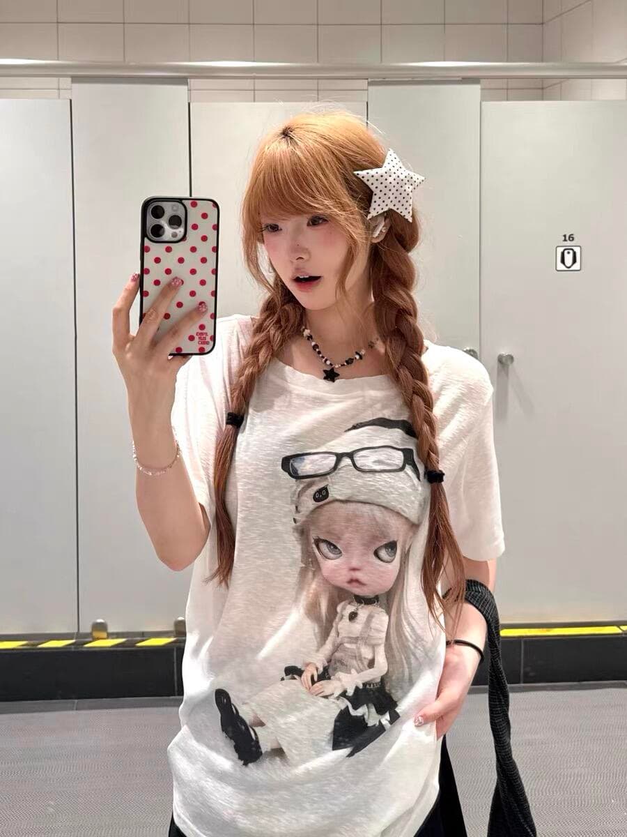 레트로 한 부서 만화 인형 비스듬한 어깨 반팔 티셔츠 여성 y2k 슬림해 보이는 자외선 차단 블라우스 맨위 상세 이미지 3