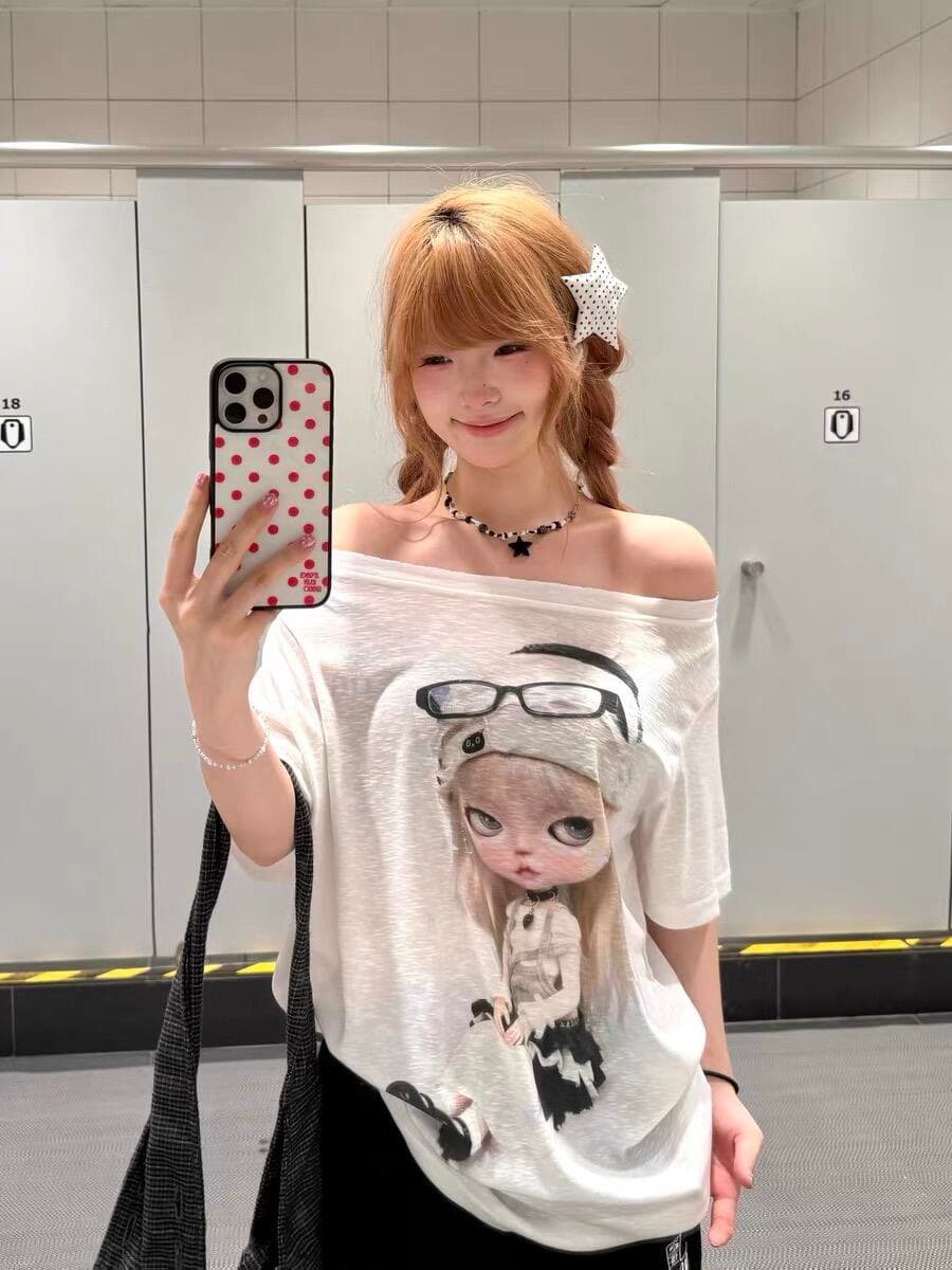레트로 한 부서 만화 인형 비스듬한 어깨 반팔 티셔츠 여성 y2k 슬림해 보이는 자외선 차단 블라우스 맨위 상세 이미지 4