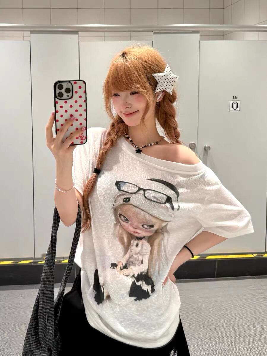 레트로 한 부서 만화 인형 비스듬한 어깨 반팔 티셔츠 여성 y2k 슬림해 보이는 자외선 차단 블라우스 맨위 상세 이미지 5