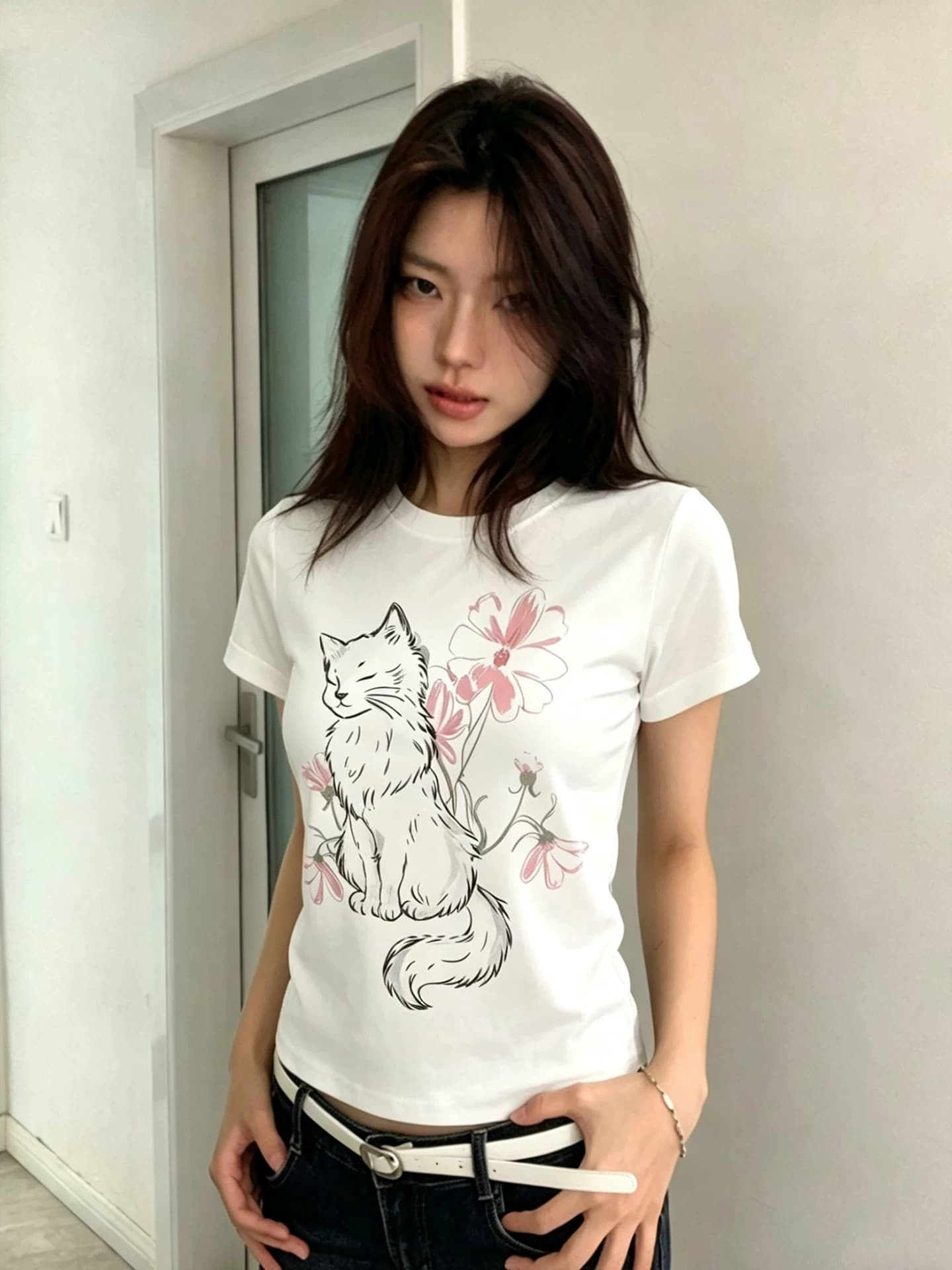 아메리칸 고양이 프린트 화이트 긍정적 인 어깨 반팔 티셔츠 여성 여름 착용 가져 가라. 몸매 가꾸기 슬림해 보이는 핫걸 쇼트 스타일 작은 맨위 이미지 3