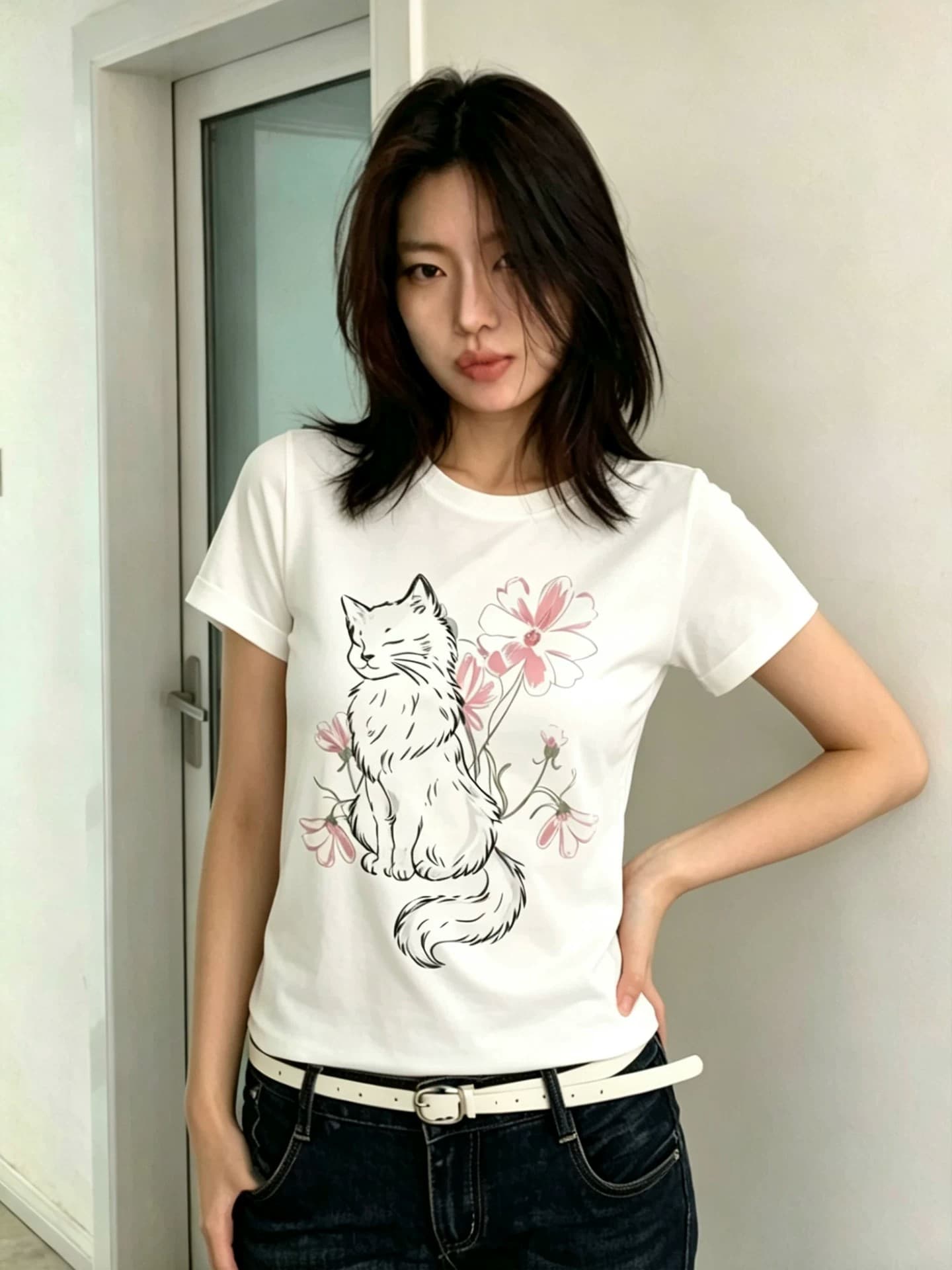 아메리칸 고양이 프린트 화이트 긍정적 인 어깨 반팔 티셔츠 여성 여름 착용 가져 가라. 몸매 가꾸기 슬림해 보이는 핫걸 쇼트 스타일 작은 맨위