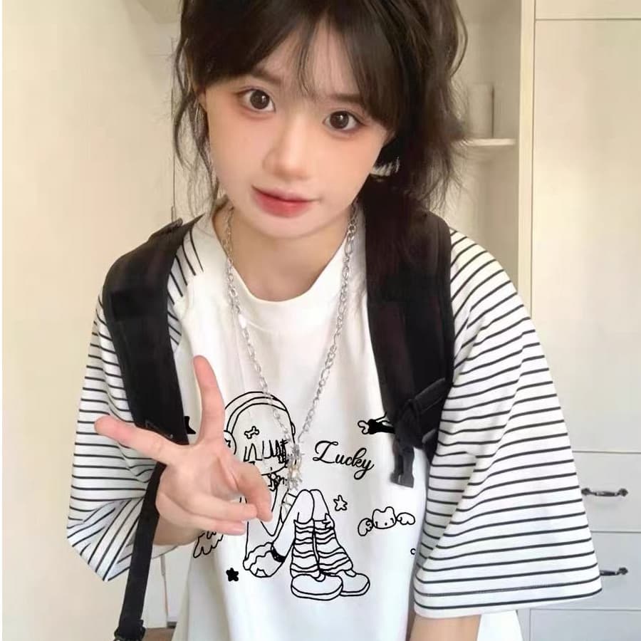 아메리칸 삽입 어깨 스트라이프 반팔 티셔츠 여성 대 어린이 여름 로드 중 새로운 중학교 고등학생 루즈핏 반소매 맨위
