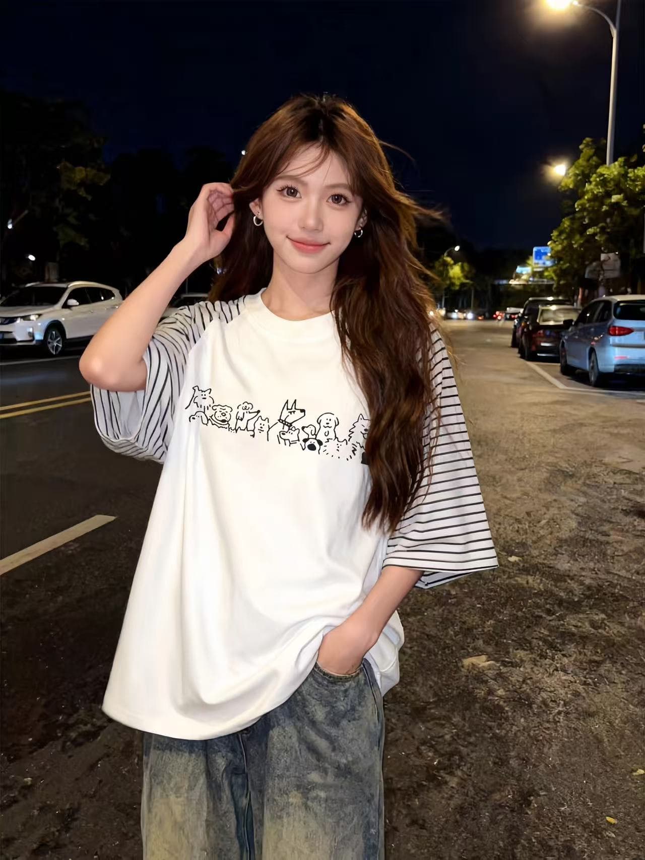 스트라이프 삽입 어깨 패치워크 프린트 반팔 맨위 티셔츠 여성 이미지 4