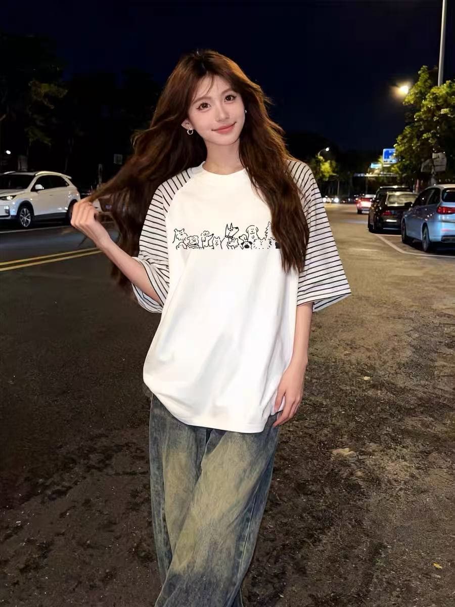 스트라이프 삽입 어깨 패치워크 프린트 반팔 맨위 티셔츠 여성 상세 이미지 2