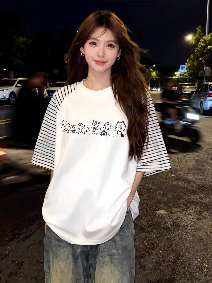 스트라이프 삽입 어깨 패치워크 프린트 반팔 맨위 티셔츠 여성 상세 이미지 3