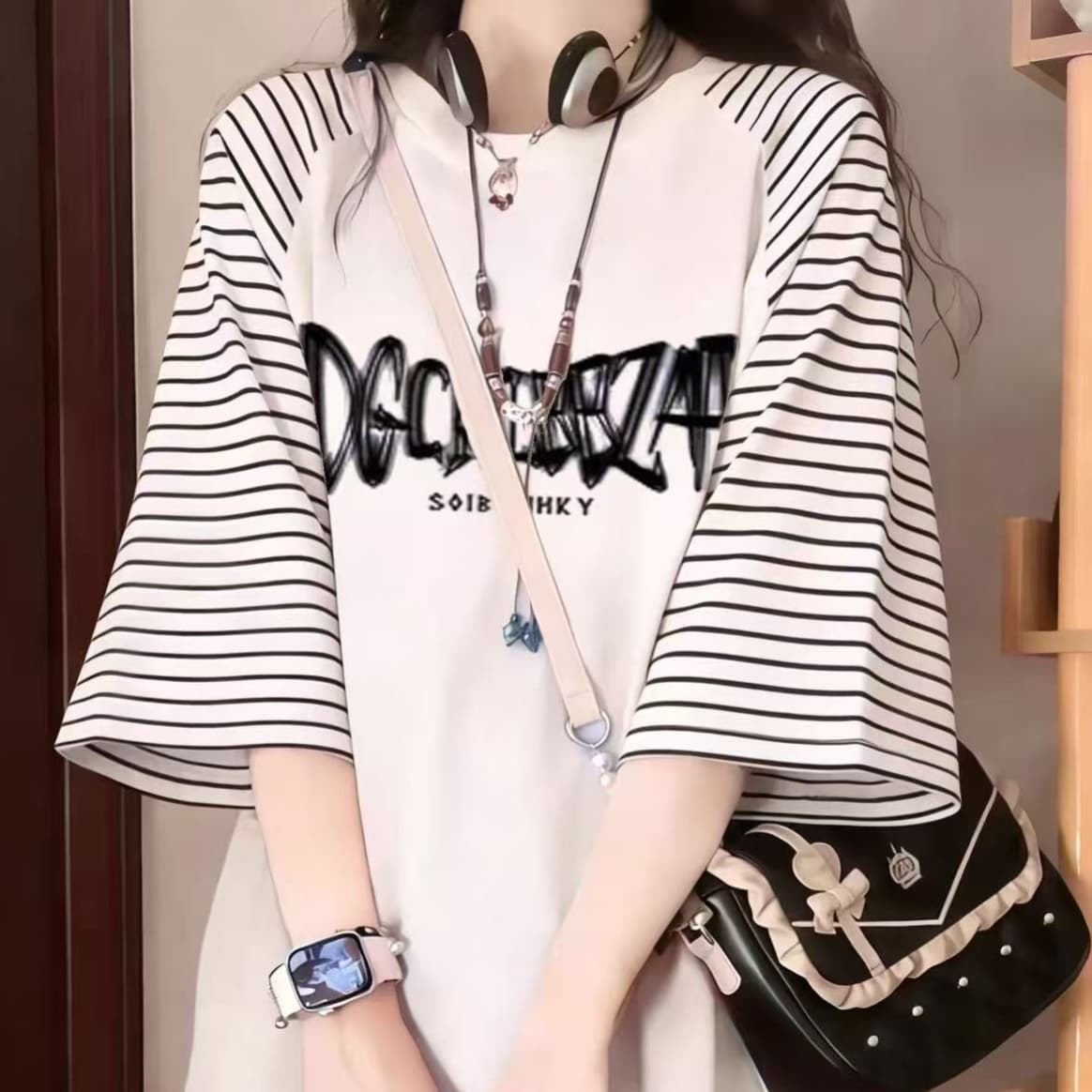 스트라이프 삽입 어깨 패치워크 프린트 반팔 맨위 티셔츠 여성 이미지 3
