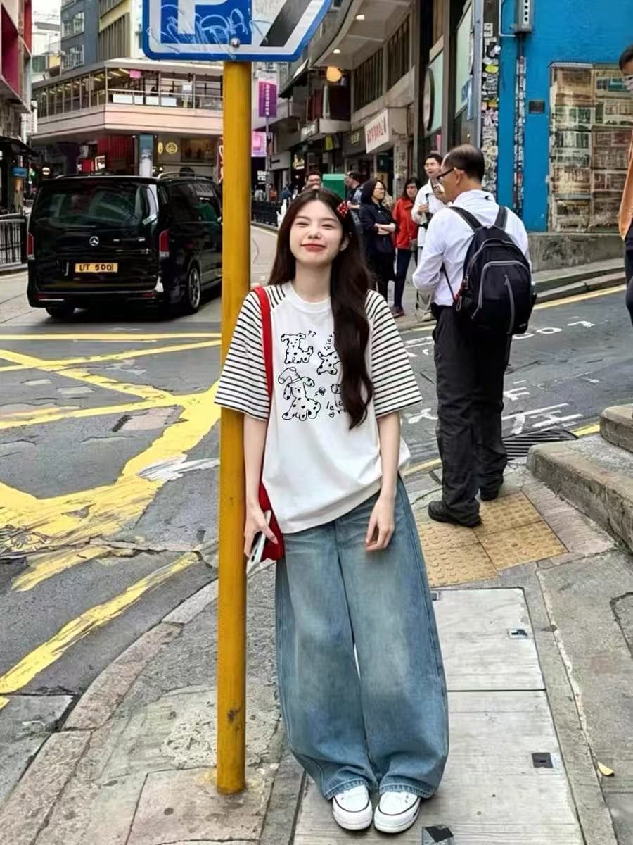 스트라이프 삽입 어깨 패치워크 프린트 반팔 맨위 티셔츠 여성 이미지 2