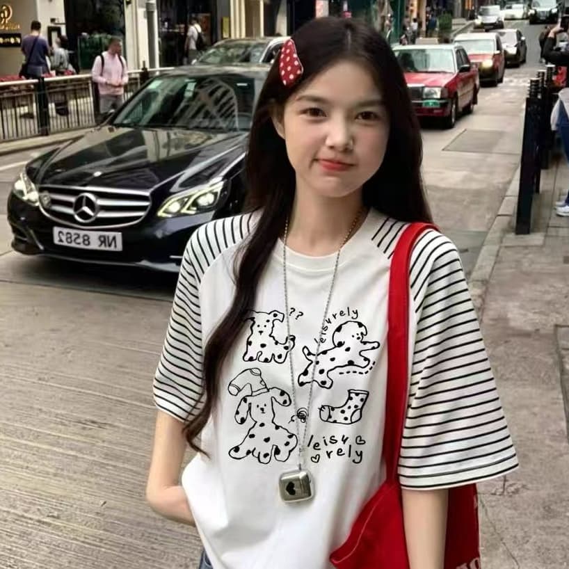 스트라이프 삽입 어깨 패치워크 프린트 반팔 맨위 티셔츠 여성 상세 이미지 1