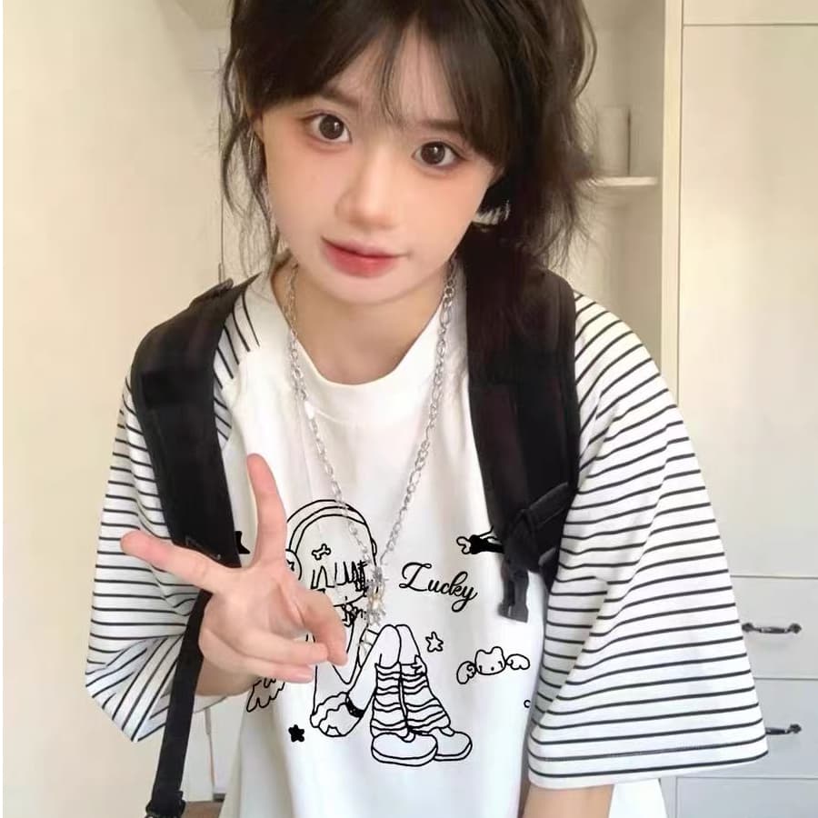 아메리칸 삽입 어깨 스트라이프 반팔 티셔츠 여성 대 어린이 여름 로드 중 새로운 중학교 고등학생 루즈핏 반소매 맨위 이미지 2