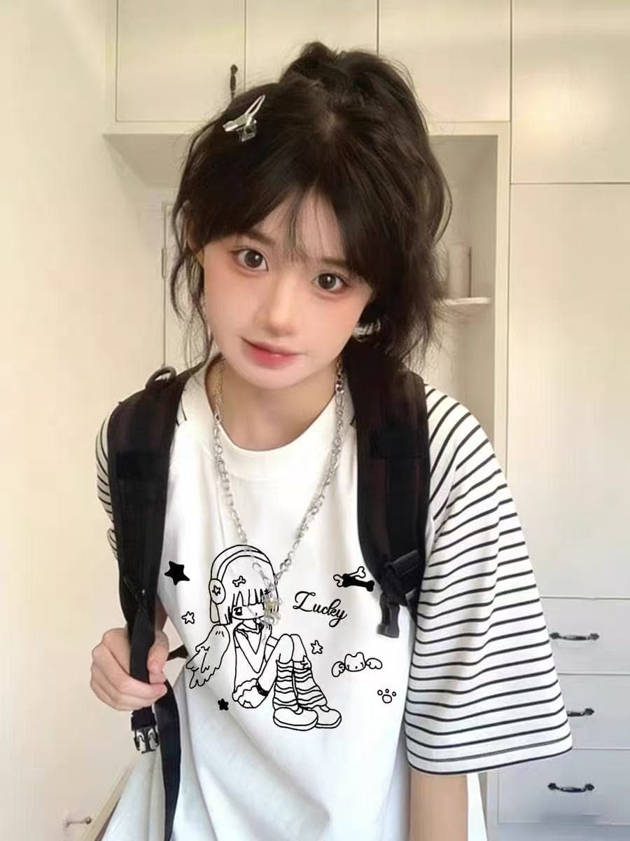 아메리칸 삽입 어깨 스트라이프 반팔 티셔츠 여성 대 어린이 여름 로드 중 새로운 중학교 고등학생 루즈핏 반소매 맨위 상세 이미지 2