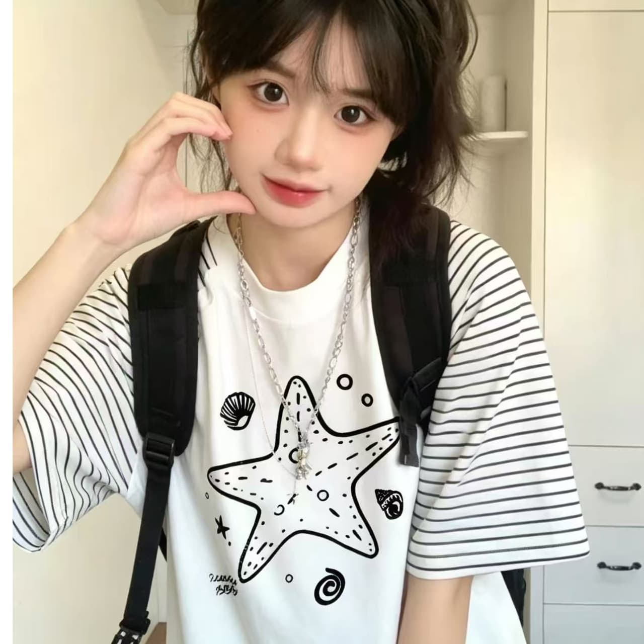 스트라이프 삽입 어깨 패치워크 프린트 반팔 맨위 티셔츠 여성