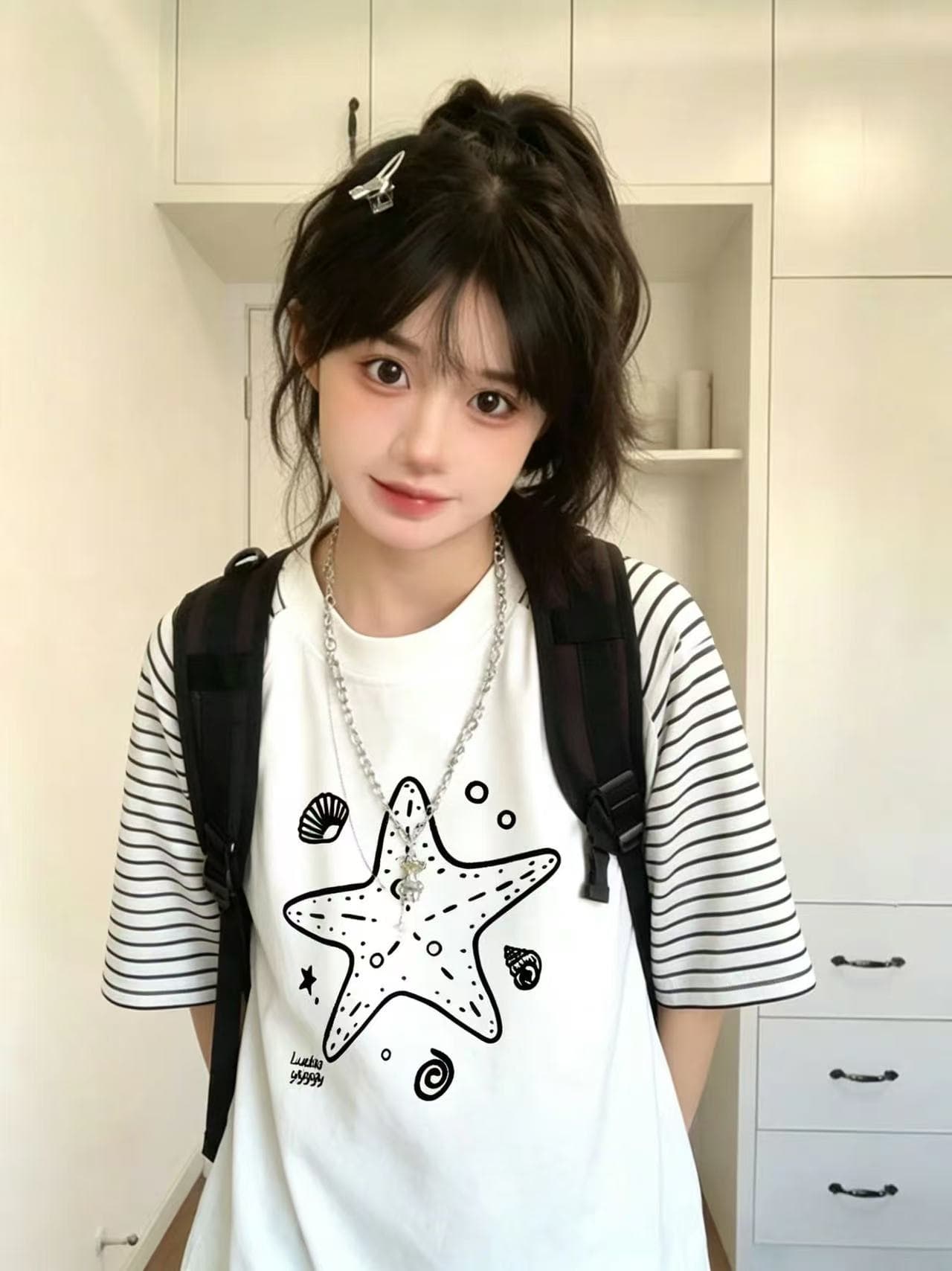 스트라이프 삽입 어깨 패치워크 프린트 반팔 맨위 티셔츠 여성 상세 이미지 3