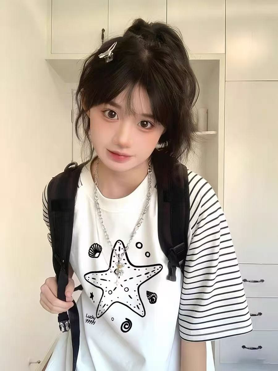 스트라이프 삽입 어깨 패치워크 프린트 반팔 맨위 티셔츠 여성 상세 이미지 4