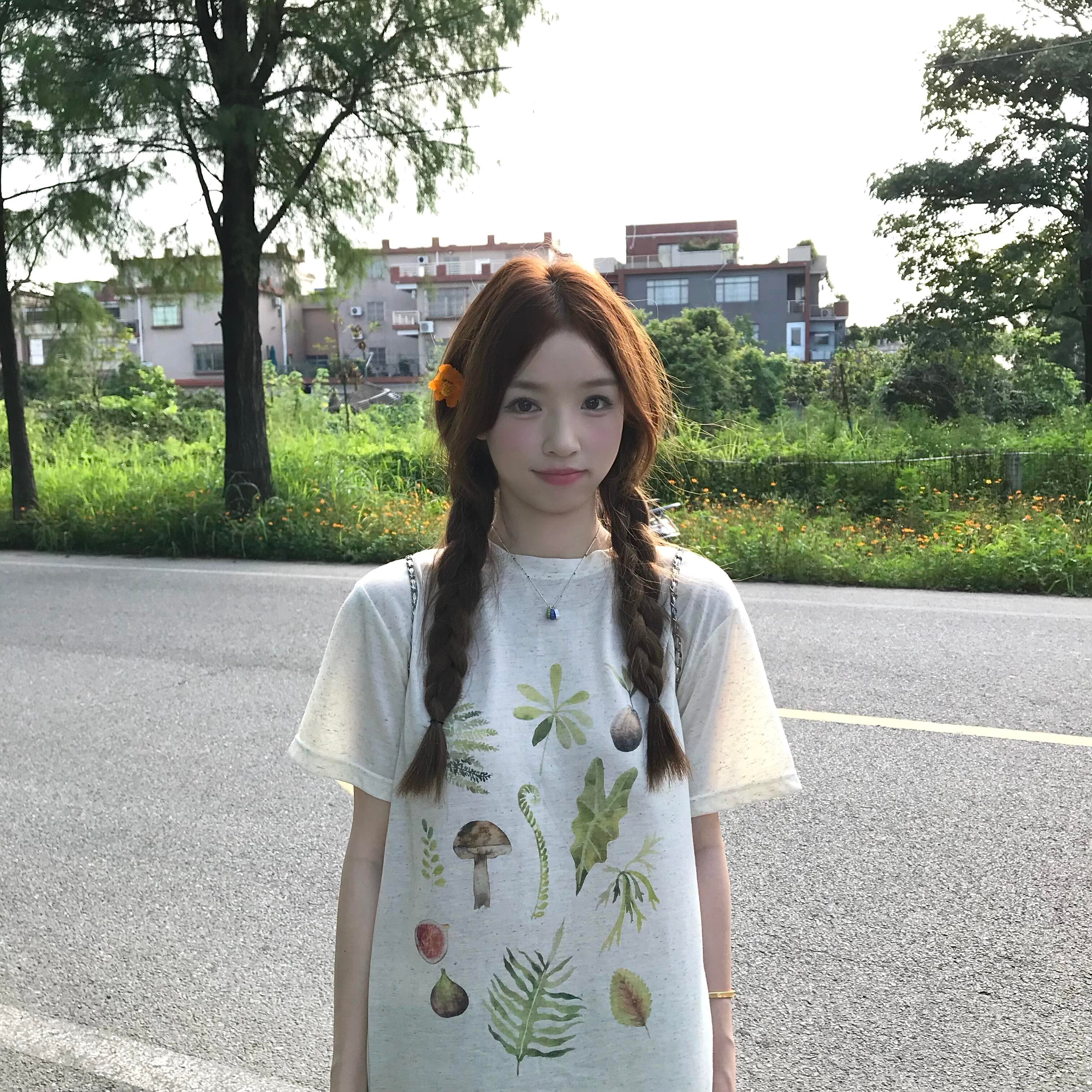 센 부서 식물 프린트 티셔츠 반팔 여성 여름 느긋한 바람 얇은 스타일 도루 센스 자외선 차단 블라우스 맨위 상세 이미지 1