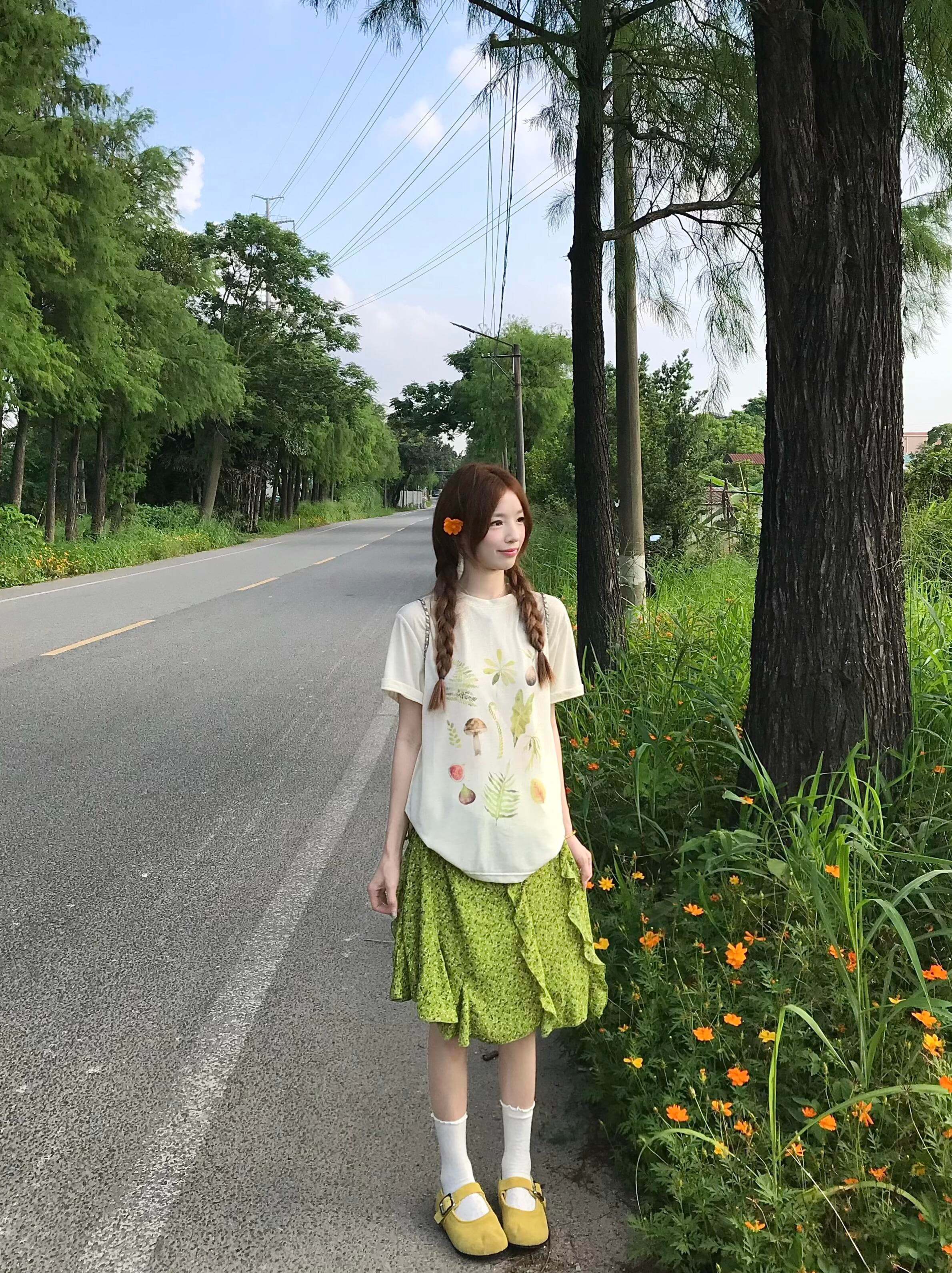 센 부서 식물 프린트 티셔츠 반팔 여성 여름 느긋한 바람 얇은 스타일 도루 센스 자외선 차단 블라우스 맨위 상세 이미지 3