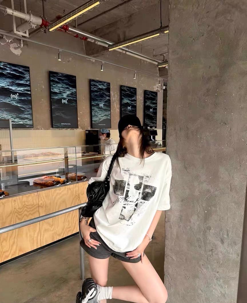 레트로 프린트 반팔 티셔츠 여성 작은 키 루즈핏 슬림해 보이는 맨위 여름 이미지 2