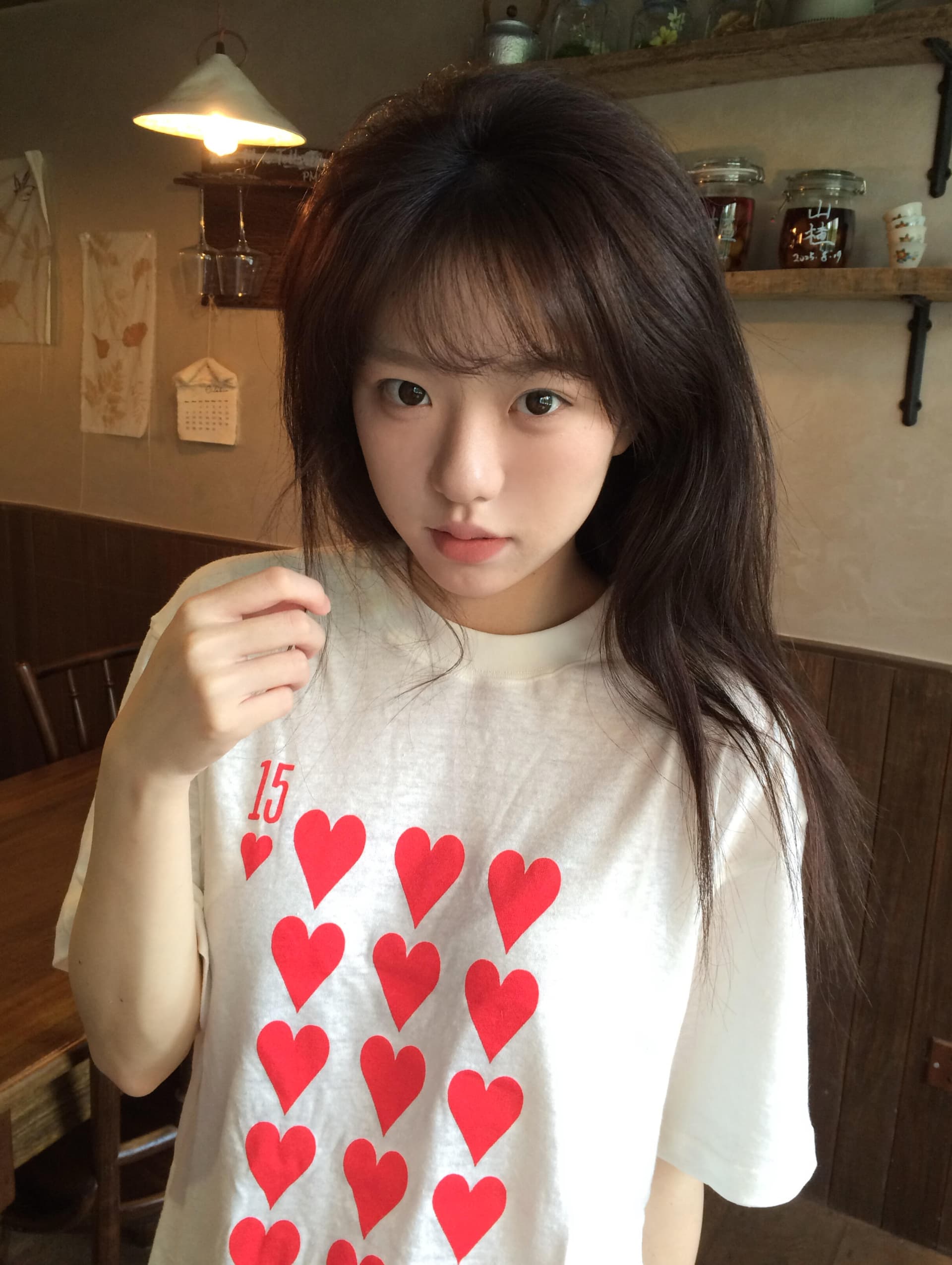 한 부서 하트 프린트 반팔 티셔츠 여성 여름 디자인 센스 Tulle 눈꽃 면 마이크로 ~을 통해 루즈핏 느긋한 바람 맨위 상세 이미지 2