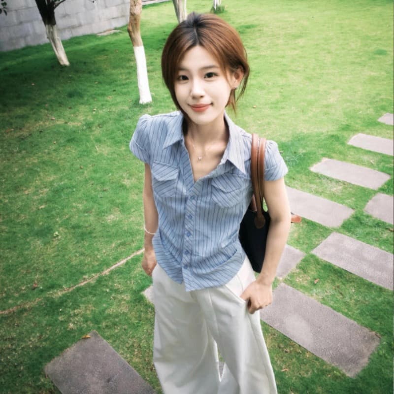 한 부서 꼬집기 허리 질감 센스 스트라이프 셔츠 긍정적 인 어깨 반팔 몸매 가꾸기 슬림해 보이는 품격 주머니 셔츠 이미지 5