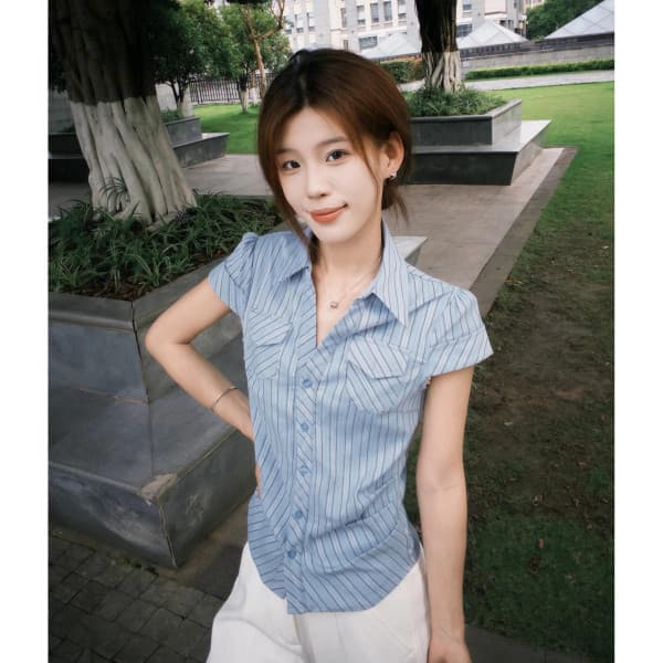 한 부서 꼬집기 허리 질감 센스 스트라이프 셔츠 긍정적 인 어깨 반팔 몸매 가꾸기 슬림해 보이는 품격 주머니 셔츠 상세 이미지 5