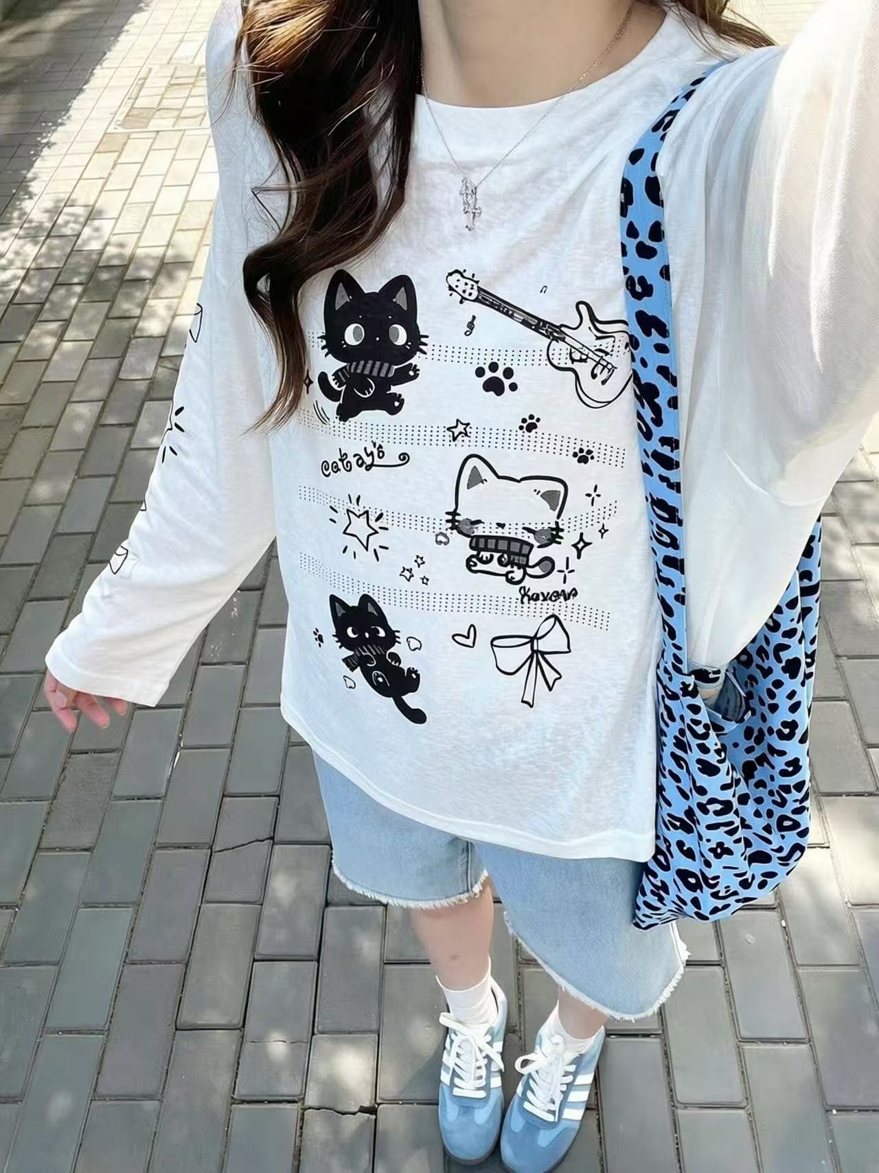 아시아 인 멩 센스 만화 고양이 프린트 긴팔 티셔츠 여성 여름 루즈핏 느긋한 얇은 스타일 블라우스 귀여운 캐주얼 맨위 이미지 4