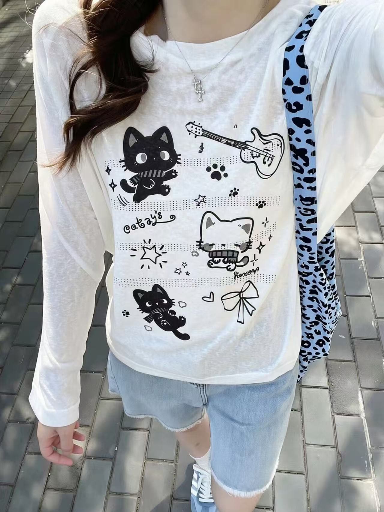 아시아 인 멩 센스 만화 고양이 프린트 긴팔 티셔츠 여성 여름 루즈핏 느긋한 얇은 스타일 블라우스 귀여운 캐주얼 맨위 상세 이미지 3