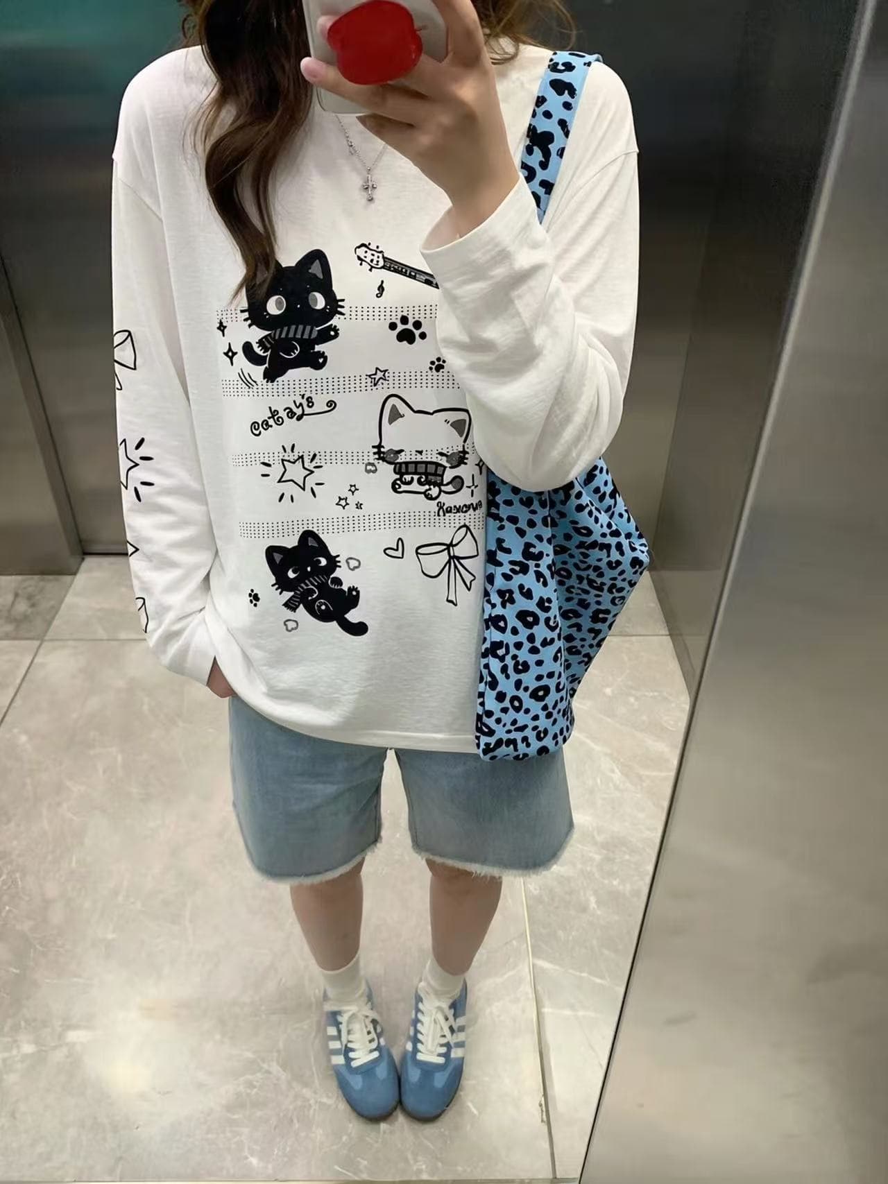 아시아 인 멩 센스 만화 고양이 프린트 긴팔 티셔츠 여성 여름 루즈핏 느긋한 얇은 스타일 블라우스 귀여운 캐주얼 맨위 상세 이미지 5