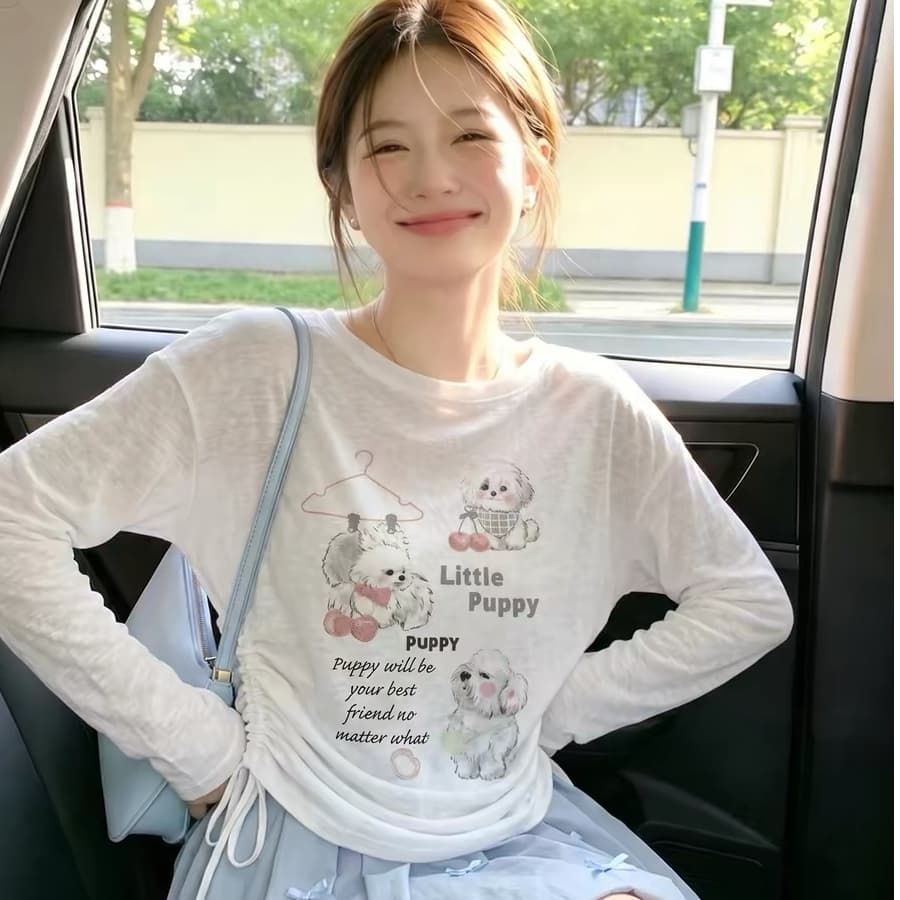 강아지 프린트 펌프 로프 얇은 스타일 긴팔 티셔츠 여성 여름 새로운 슈퍼 화재 연령 감소 맨위 느긋한 바람 자외선 차단 블라우스