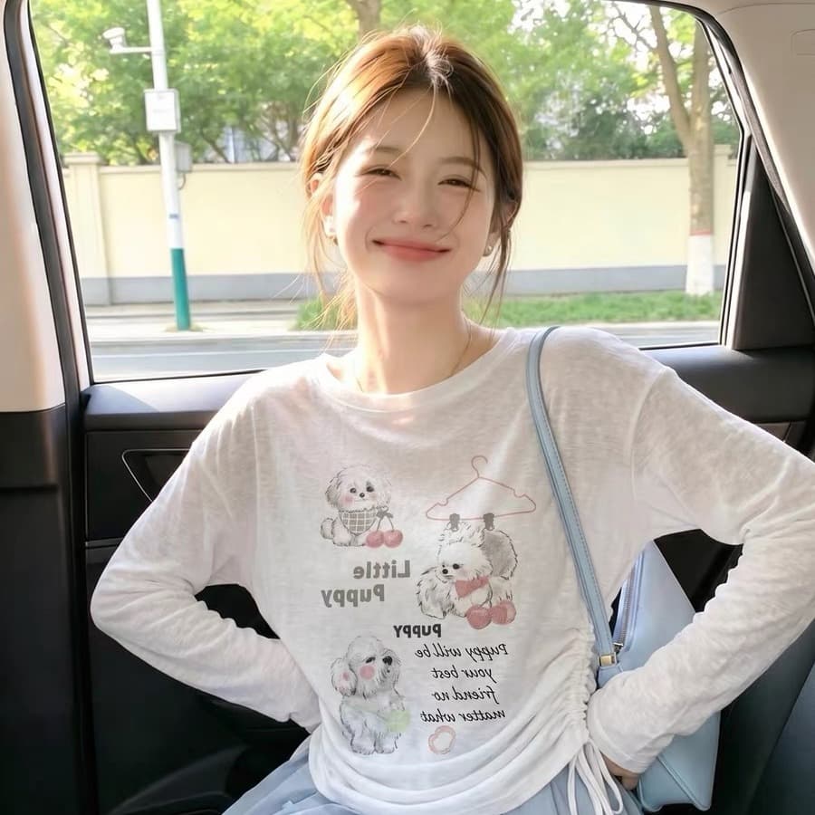 강아지 프린트 펌프 로프 얇은 스타일 긴팔 티셔츠 여성 여름 새로운 슈퍼 화재 연령 감소 맨위 느긋한 바람 자외선 차단 블라우스 이미지 5