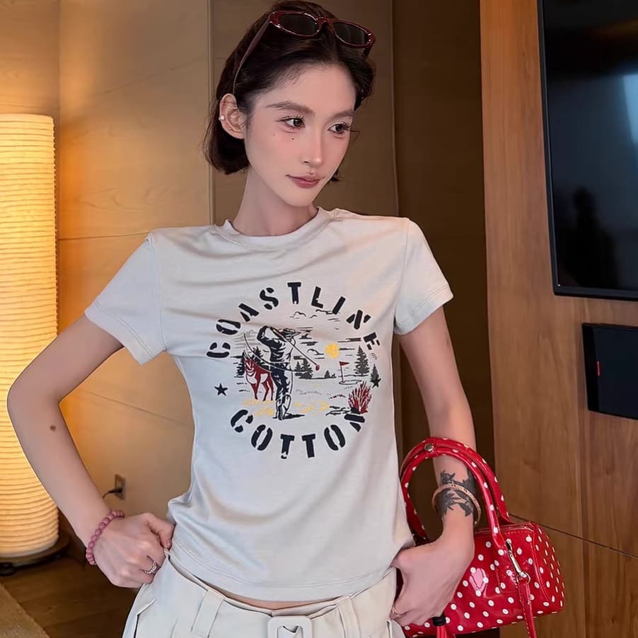 알파벳 프린트 라운드 넥 긍정적 인 어깨 청춘 연령 감소 반팔 티셔츠 여성 여름 몸매 가꾸기 슬림해 보이는 기본 셔츠 다용도 맨위