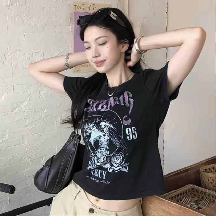 아메리칸 레트로 chic 느긋한 워시 물 프린트 반팔 티셔츠 여성 여름 루즈핏 슬림해 보이는 다용도 쇼트 스타일 맨위