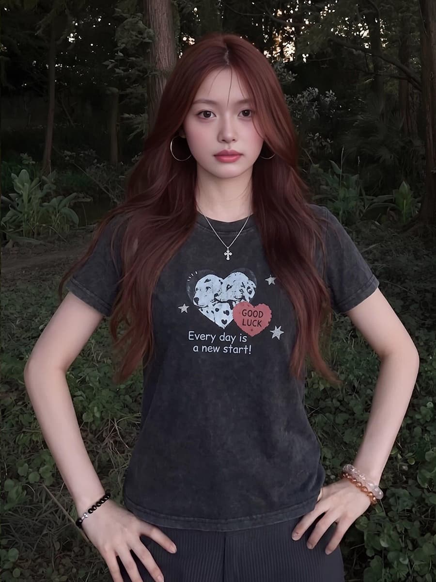아메리칸 레트로 마 오래된 하트 프린트 티셔츠 달콤한 차가운 바람 루즈핏 슬림해 보이는 다용도 맨위 이미지 4